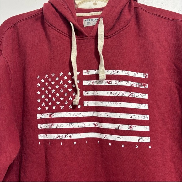 Life is Good Patriotic USA Flag Red Hoodie Sweatshirt Men's Medium Cotton Blend - Picture 2 of 8